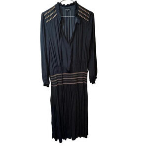 William B Women's Black Polyester Long Sleeve V-Neck Ruffle Midi Dress Size M